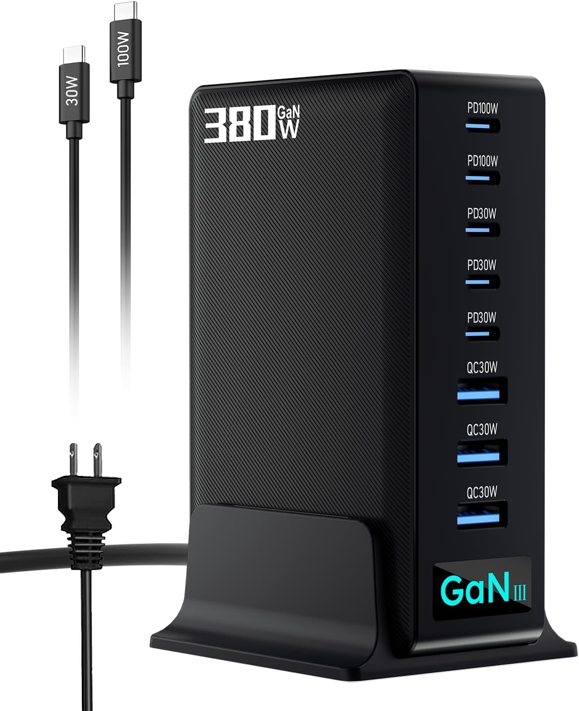 380W USB-C Charger Block, 8-Port USB-C Charging Station PD 30W + 100W PC Laptop, Fast Charging Hub with High-Power Fast Charging Cable for MacBook Pro/Air, DELL, iPad, iPhone, Samsung Galaxy Black