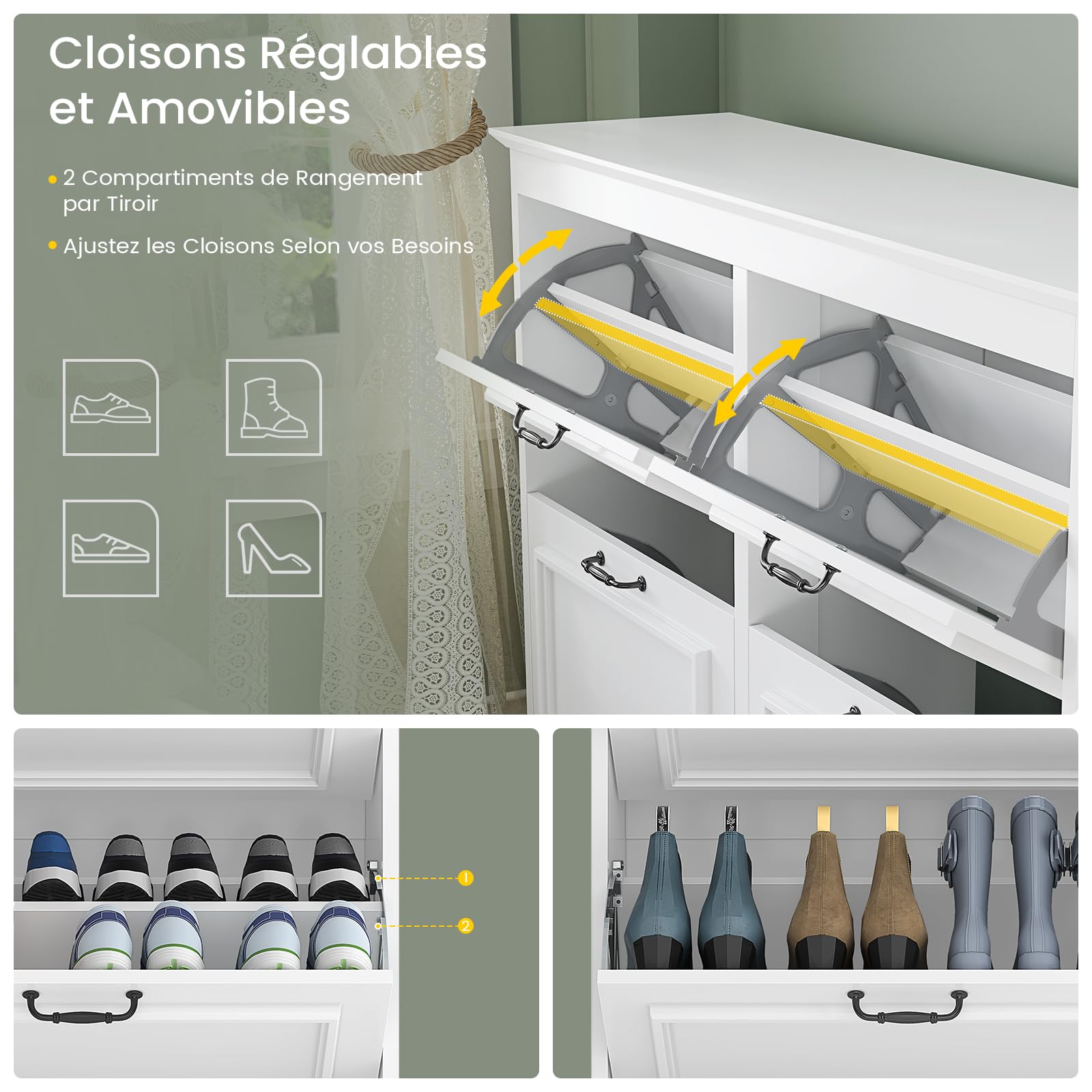 Brinlawb Meuble à Chaussures Entree, Armoire à Chaussures avec 4 Portes abattantes,Séparateur Réglable, Peut contenir 18 à 24 paires de chaussures Pour entrée, couloir, séjour, chambre,4 tiroirs Blanc