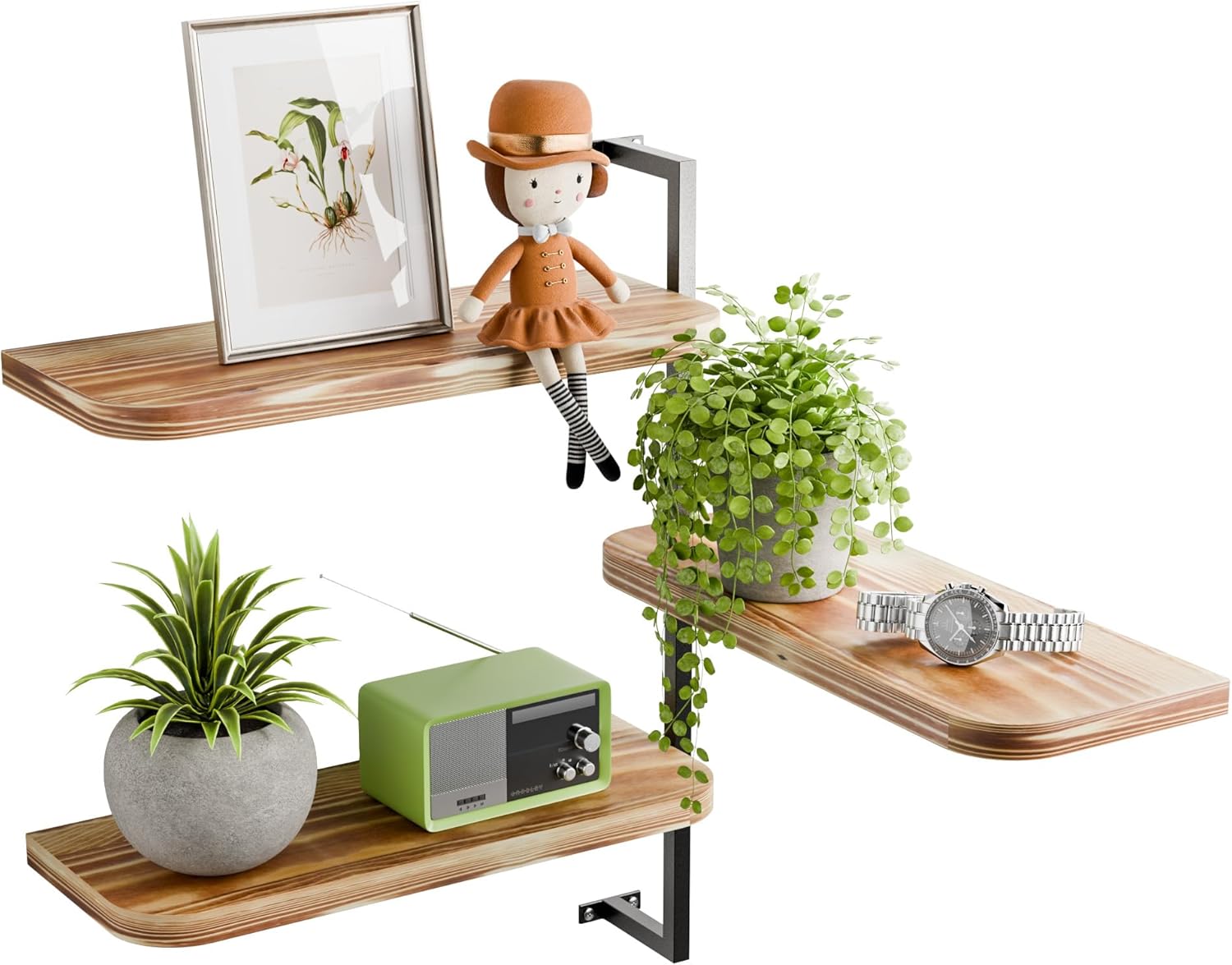 3-Tier Small Corner Wall Shelves - Window Plant Shelf, L-Shaped Corner Floating Shelf, Industrial Floating Corner Shelves, Corner Shelves Wall Mounted for Bedroom,Living Room&Home Decor,Brown Brown Corner Wall Shelves