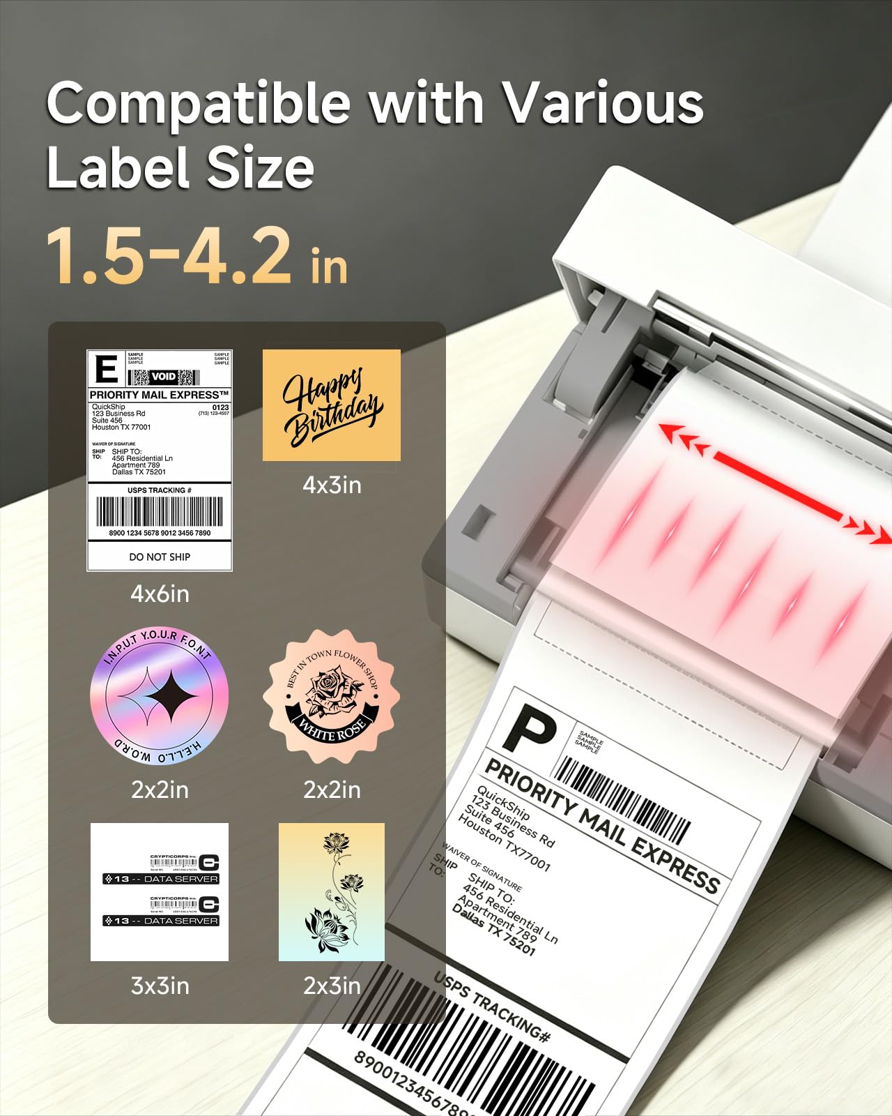 Stampante termica Bluetooth per etichette con supporto, stampante per etichette wireless 4 x 6 per piccole imprese, compatibile con iPhone, Android, Windows e Mac, funziona con Amazon USPS Etsy