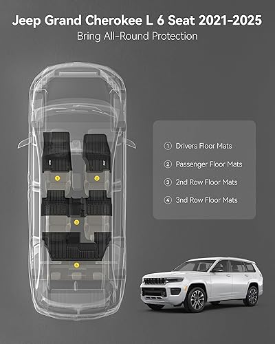 Miniatura 2 de 3W Alfombrillas de suelo aptas para Jeep Grand Cherokee L 7 asientos 2021-2024 para todo tipo de clima, revestimiento de suelo de elastómero