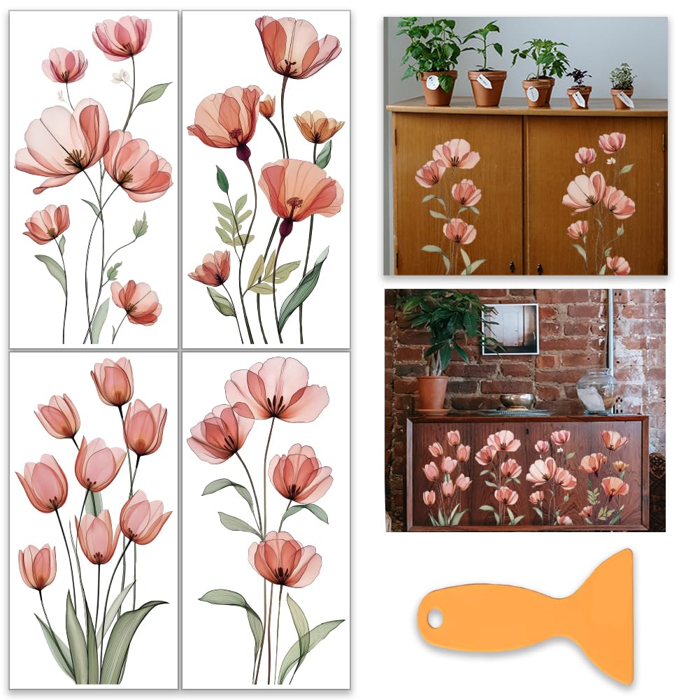 OLYCRAFT 4Pcs/Set Tulips Rub on Transfers for Furniture and Craft 6x12 Inch Watercolor Flower Furniture Decal Transfer Stickers Rub on Decal with 1pc