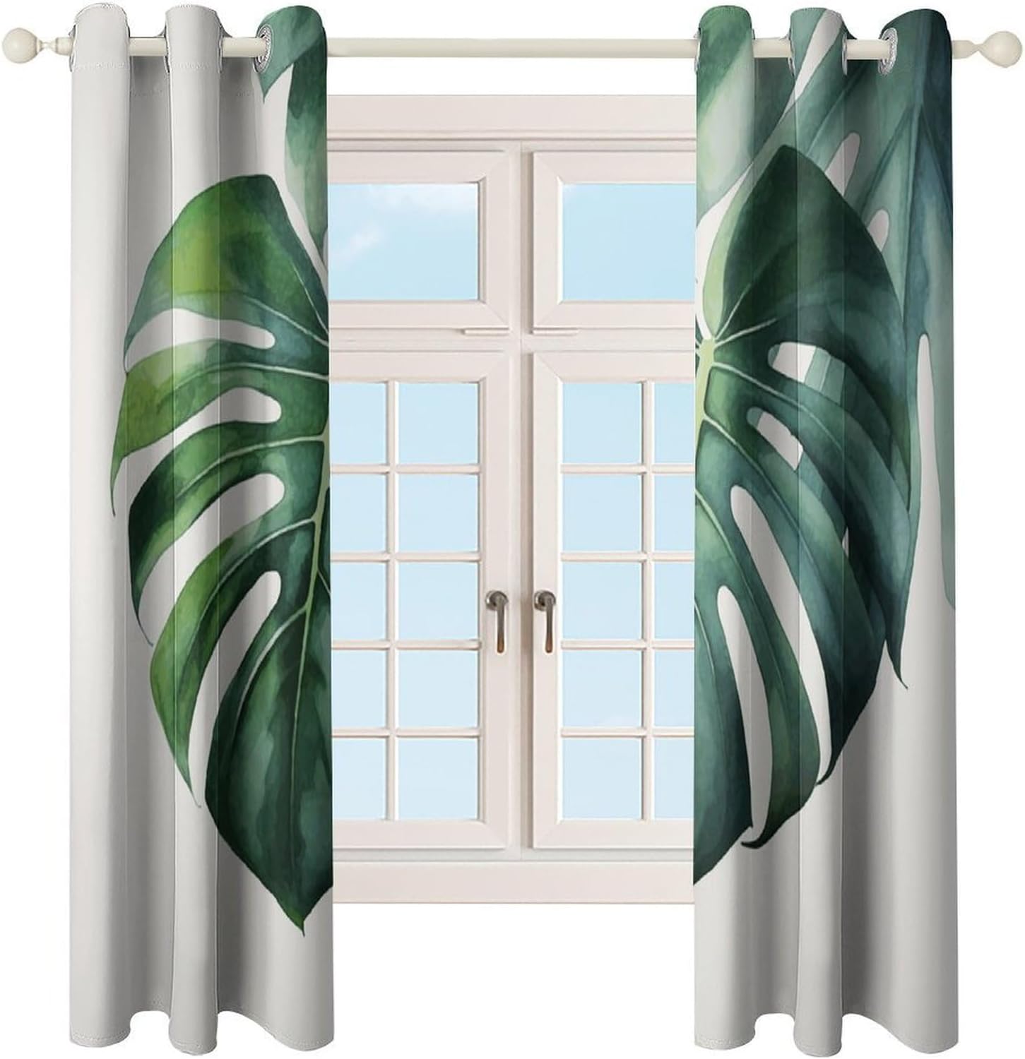 Watercolor Monstera Leaf Printed Perforated Curtains, Insulated Curtains for Winter, Thermal Drapes are Suitable for Most Windows, Balconies