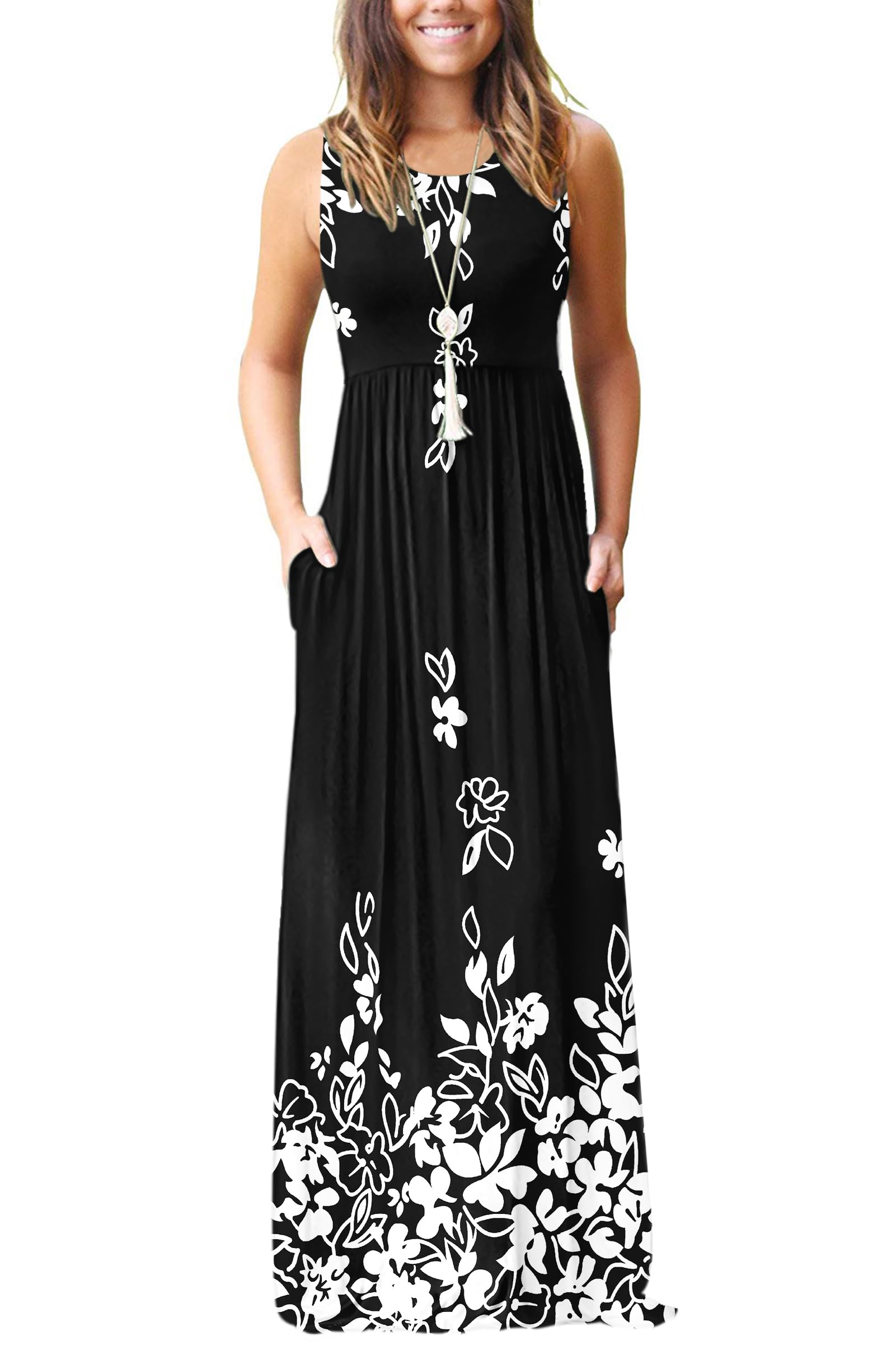 AUSELILY Women's Summer Sleeveless Loose Plain Casual Long Maxi Dresses | Year Round wear solid floral print, Casual daily wear, Empire waist, Floor length, Side pockets New