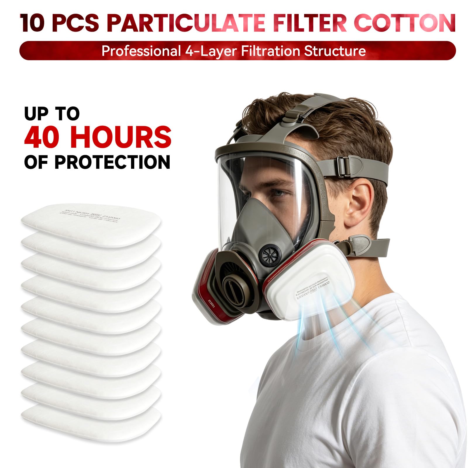 Maschera integrale per la polvere con 10 filtri, 15 in 1, maschera antipolvere riutilizzabile per levigatura, verniciatura, lucidatura, polvere fine, maschera per verniciatura a gas, con filtro