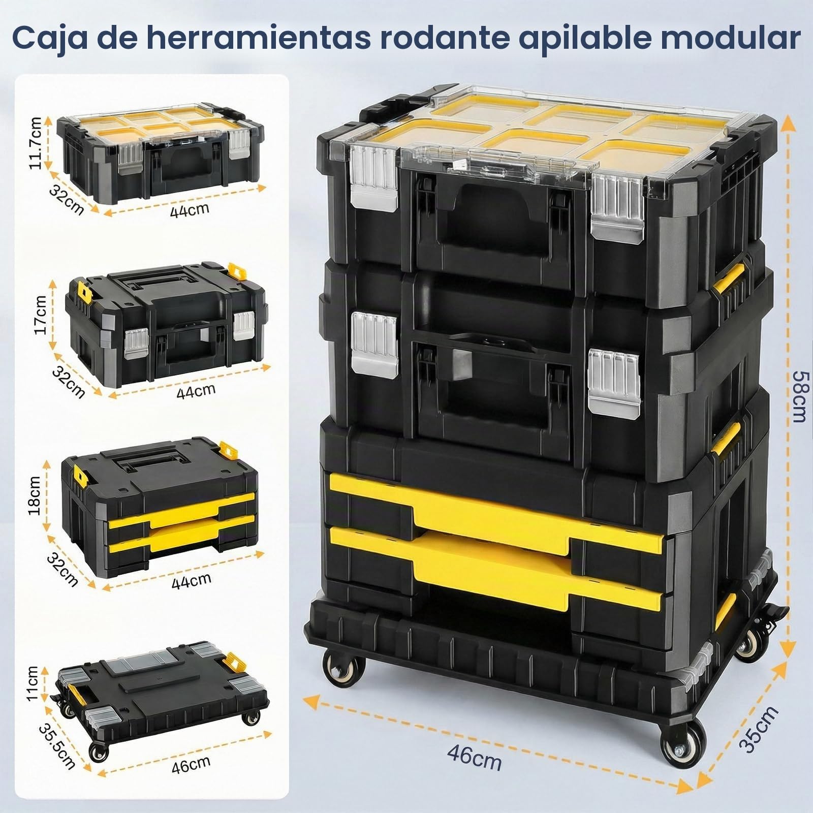 Caja de Herramienta 4 en 1, Carro Modular de Apilamiento con Ruedas, Cajones y Cierres de metal, Organizador de Taller para garaje y hogar, Carga 203kg, 44,5 x 35 x 52 cm