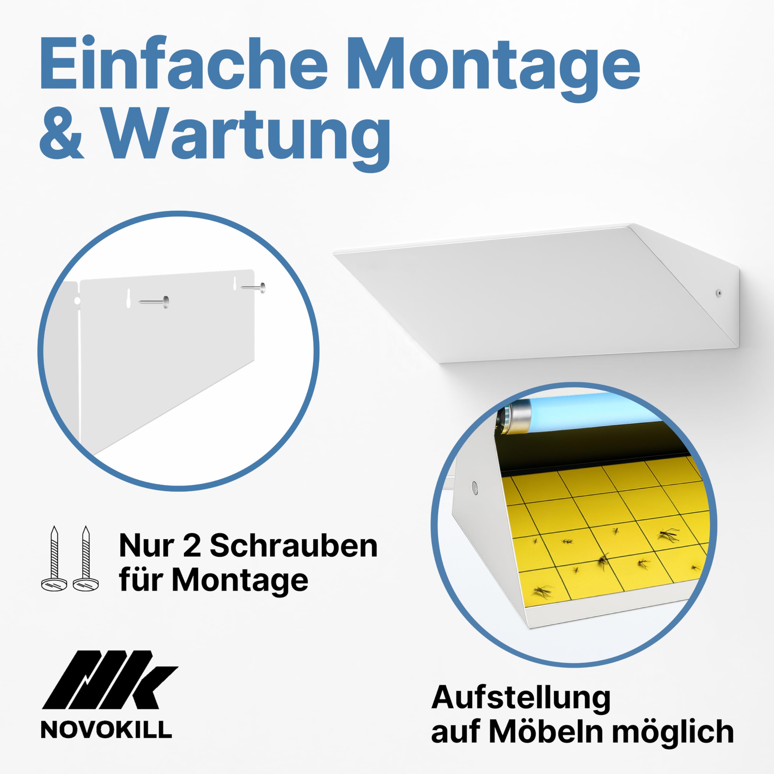 Novokill UV LED Fliegenfänger Insektenvernichter weiß – Fliegenfalle mit Klebefläche – geräuschlos, hygienisch – Für Innenräume & Gastronomie bis 60 m² – Fliegen, Fruchtfliegen, Motten, Mücken