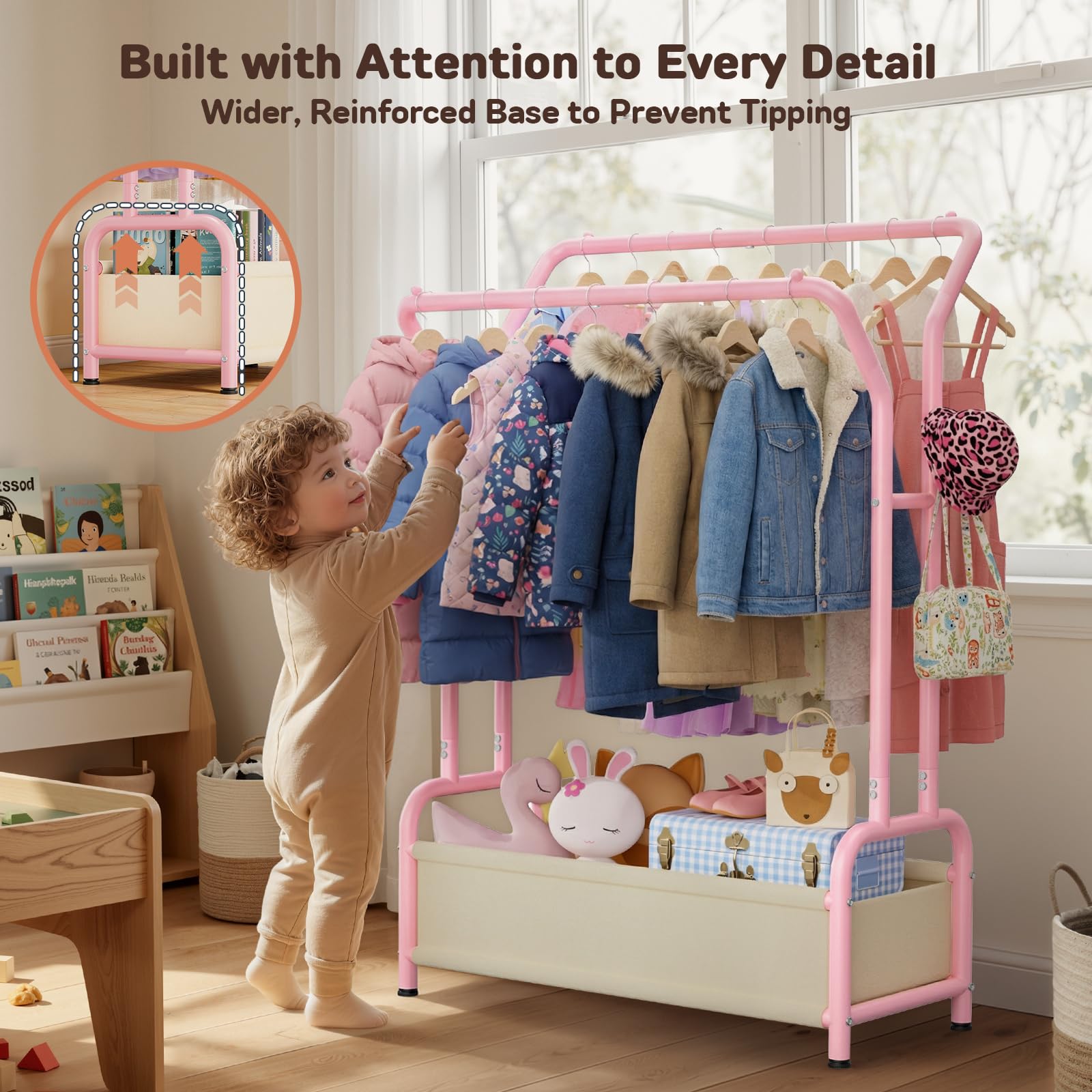 Portant à vêtements pour enfants avec double tringle et panier de rangement : espace de rangement amélioré – Présentoir en métal – Portant à vêtements pour bébés, armoire pour enfants