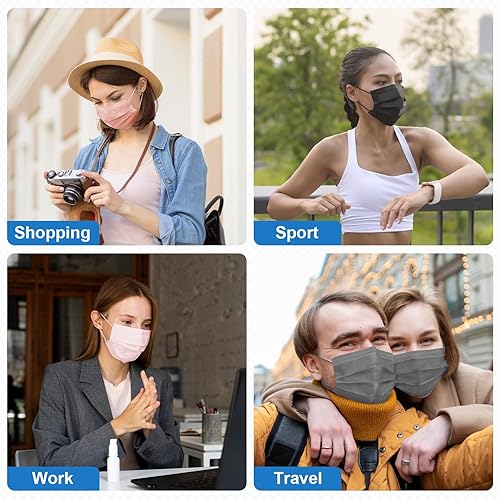 Miniatura 7 de ZIYE 100/500 máscaras faciales desechables, transpirables, de 3 capas, con clip para la nariz, cinta elástica para las orejas (multicolor/negro)