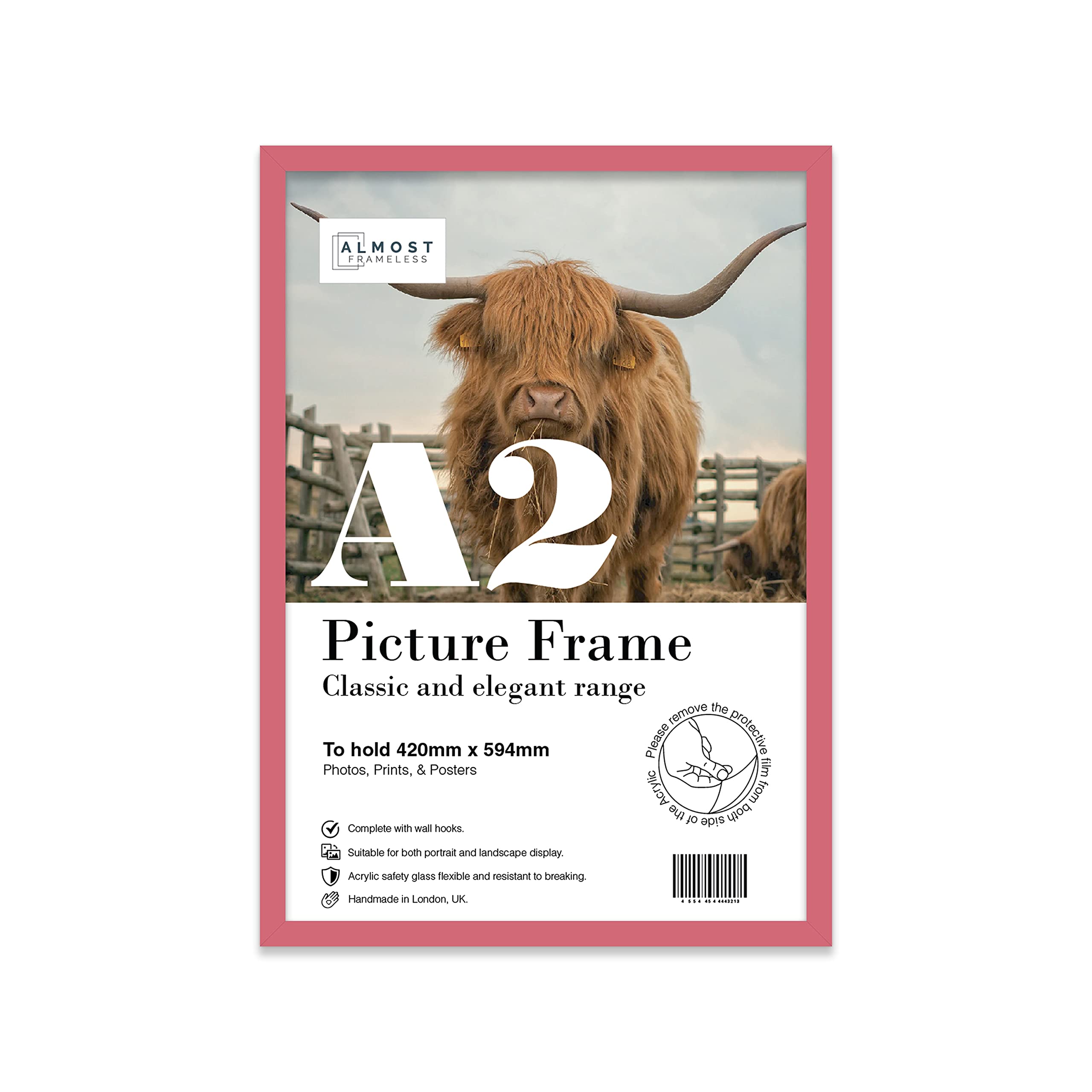 Almost Frameless Pink Picture Frame A2 Fits A2 (42 X 59.4Cm - 16.5 X 23.4In) Poster, Photo, Or Print. Portrait And Horizontal Wall Hooks