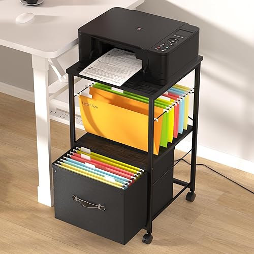 Miniatura 3 de VECELO Soporte móvil para impresora rodante con cajón, archivador vertical de tela para estante que se adapta a tamaño A4 o carta para oficina en
