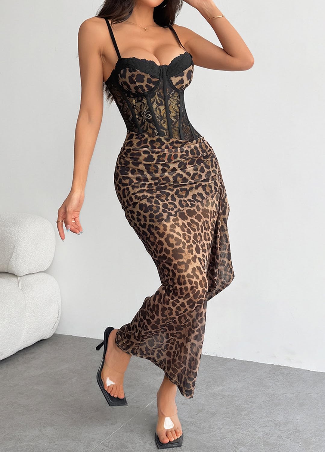 Naimo Damen Spitze Korsett Kleid Sexy Spaghettiträger Minikleider Cocktail Party Rüschen Bodycon Kurz Kleid