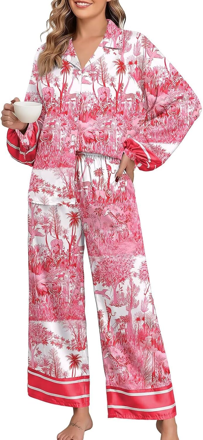 Jusfitsu Women's Silk Satin Pajama Sets 2 Piece Oversized Long Sleeve Pjs