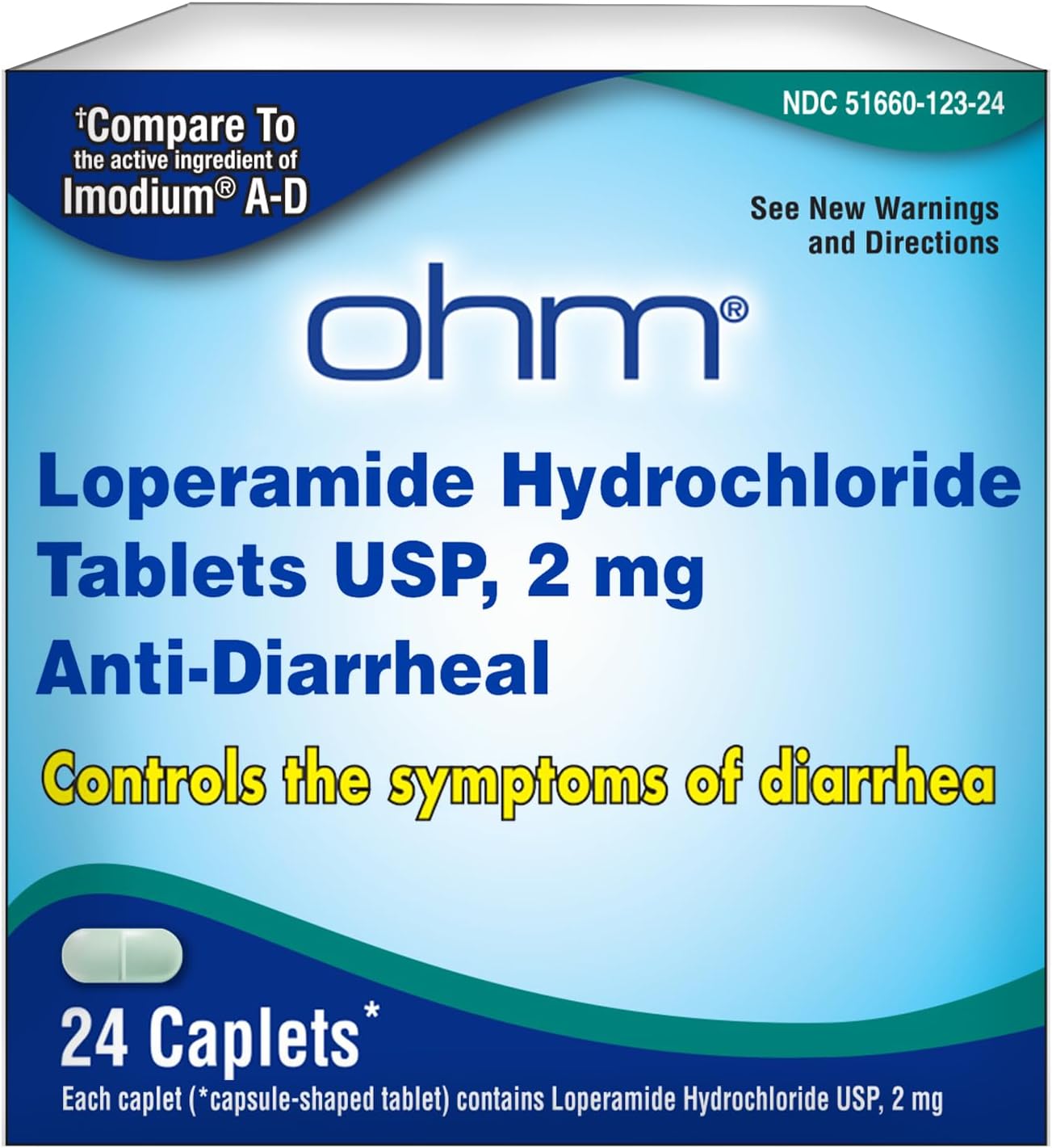 Ohm Loperamide Hydrochloride caplets, 2 mg, Anti-Diarrheal, 24 Count