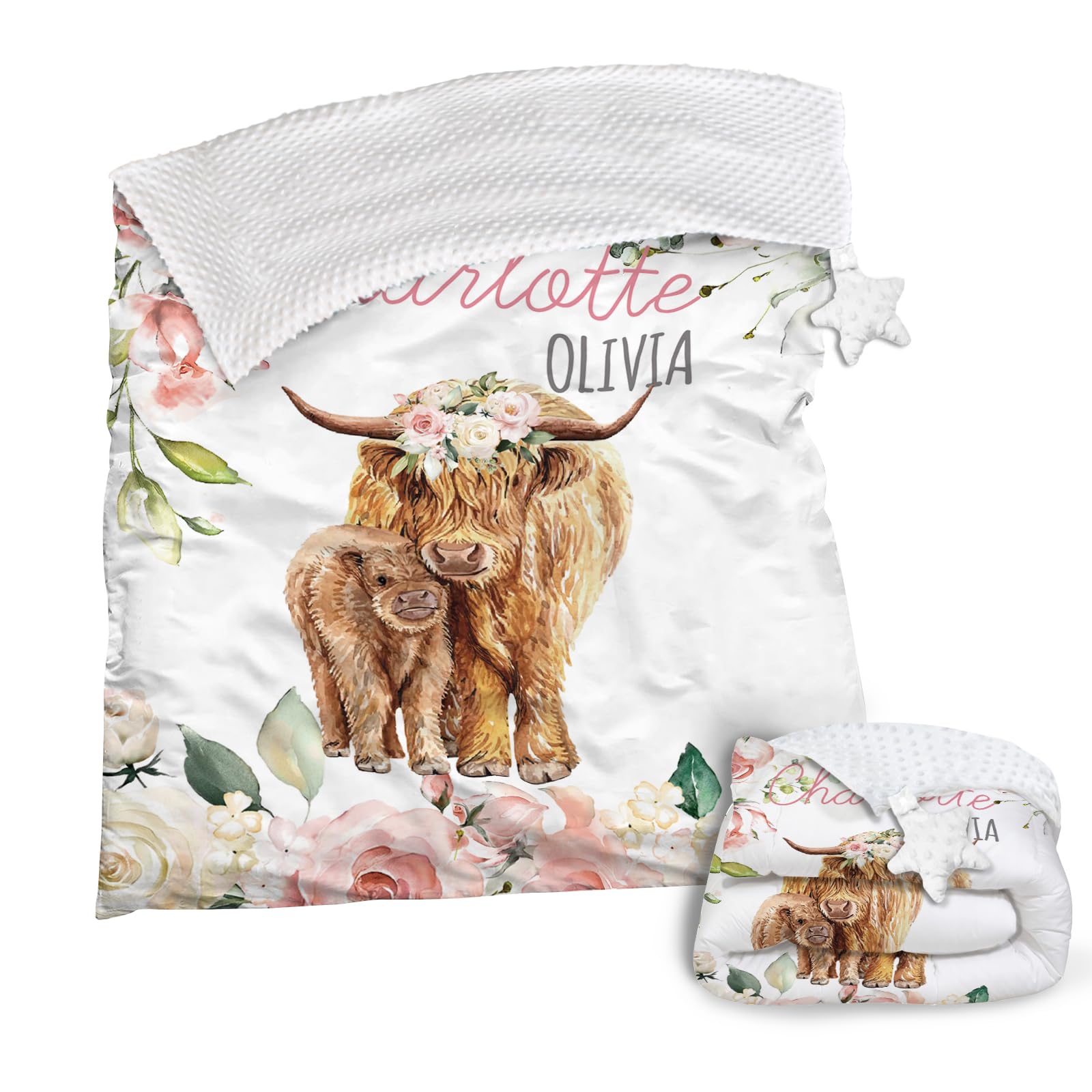 Dyoart Custom Baby Quilt Blanket - Personalized Name with Cow Design - Safe & Breathable Double Layer Dotted Backing Comforter for Toddlers (40x60inch)