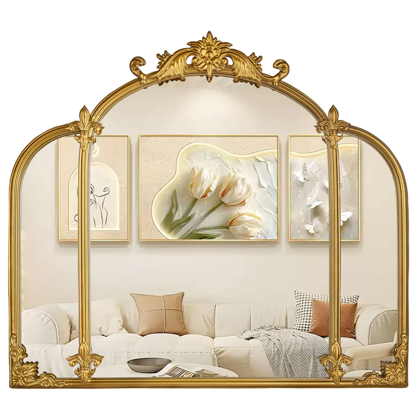 Espejo de Pared de Arco Dorado de 24 x 22 Pulgadas, Estilo Barroco con Marco de Metal, tocador, Dormitorio, baño, Entrada