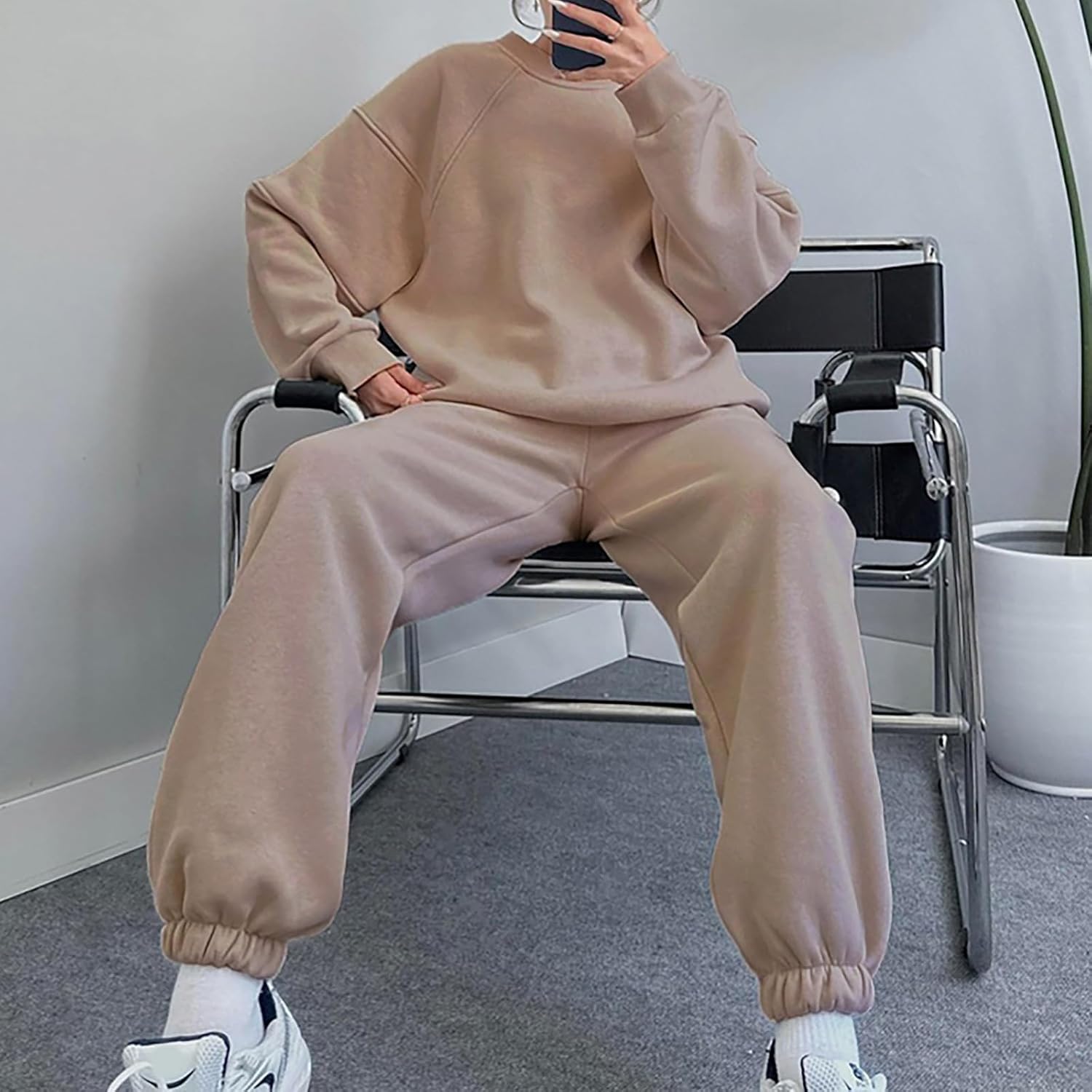 HGps8w Womens Fall Tracksuits Pullover Casual Solid Crewneck Sweatshirt Matching Jogging Sweatsuits 2 Piece Lounge Outfits