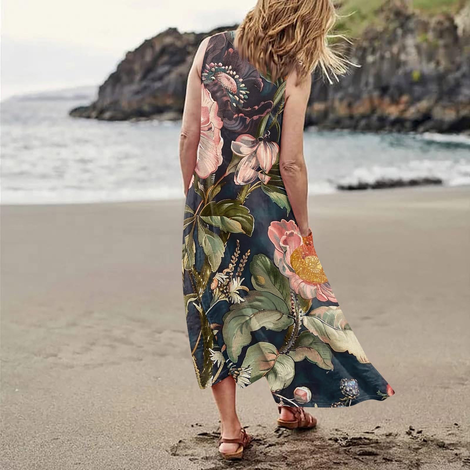 Femme Robe Longue Imprimé Floral Maxi Robe Bohème avec Poches sans Manches Grande Taille Pas Cher Chic éLégant Robe Fluide Tailles S à 3XL