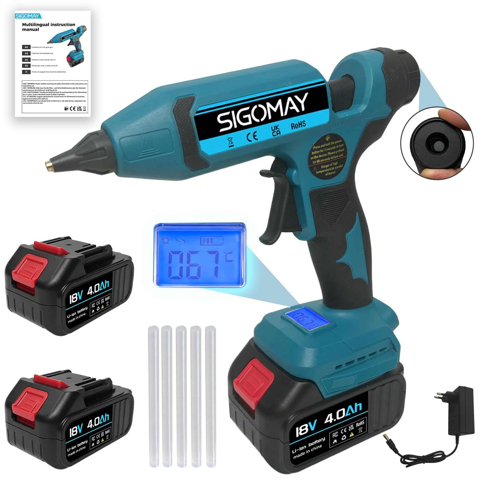 Pistolet à Colle Chaude Sans Fil 110W, Kit avec 2x 4.0Ah Batteries, Écran LCD Affichage Température & Batterie, Fonction Mémoire, 100-200°C Réglable, Compatible avec Batterie Makita 18V