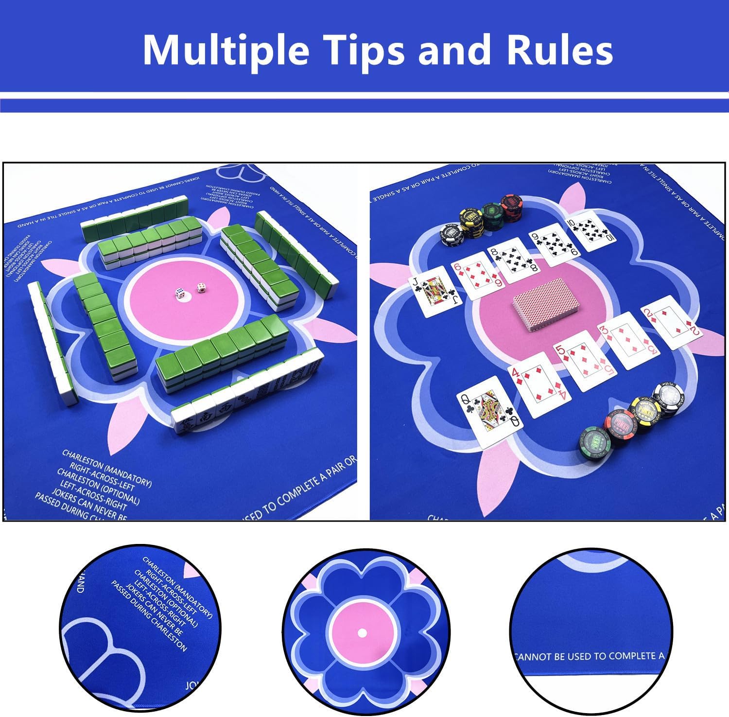 Mahjong Mat for Table with Rules Anti Slip and Noise Reduction Table Cover for Mahjong, Poker, Card Games, Board Games, Dominoes, Tile Games 31.5" x 31.5" with 1 Carrying Bag (Deep Blue)