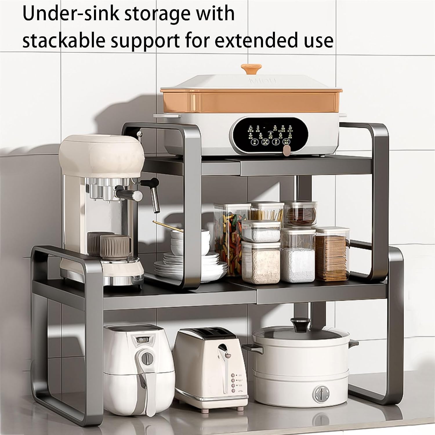 Extendable Under Sink Organizer - Stackable Under Cabinet Organizer Shelf with Width Adjustable Add Extra Space and Easy Access for 24-41cm/36-64cm Wide Sink Cabinet
