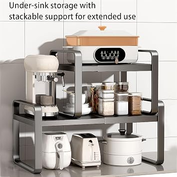 Large Under Sink Organizer Expandable Heavy Carbon Steel Shelf Adjustable Length 24-64cm for Under Kitchen Bathroom Sink Organizers and Storage