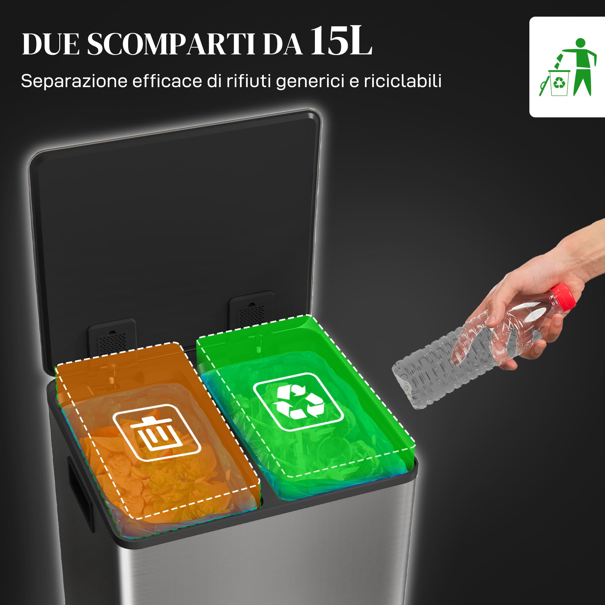 HOMCOM Doppelter Küchenmülleimer 2x15L, Edelstahl, Doppelpedal, Silber | Soft-Close-Deckel, herausnehmbare Inneneimer, Griffe, für Recycling und Abfall