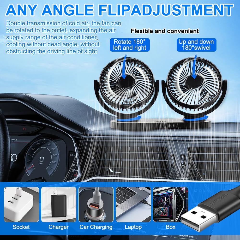 Ventilateur Voiture USB, 360° Rotative Double Tête Ventilateur de Voiture, Ventilateur Camping Car avec 3 Vitesses, Double Tête Ventilateur USB pour Voiture,Maison,Bureau,Camping