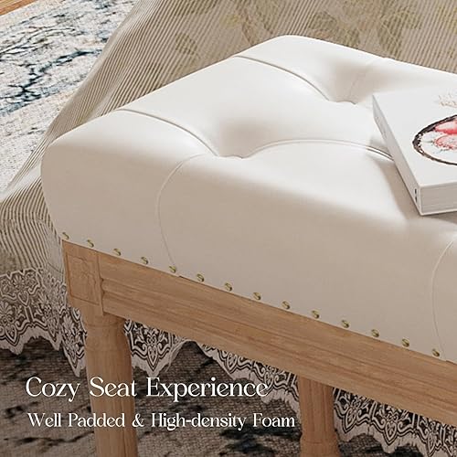 Miniatura 6 de Taburete otomano de 19 pulgadas para dormitorio, silla de tocador copetuda para sala de maquillaje, taburete otomano de piel sintética con marco de