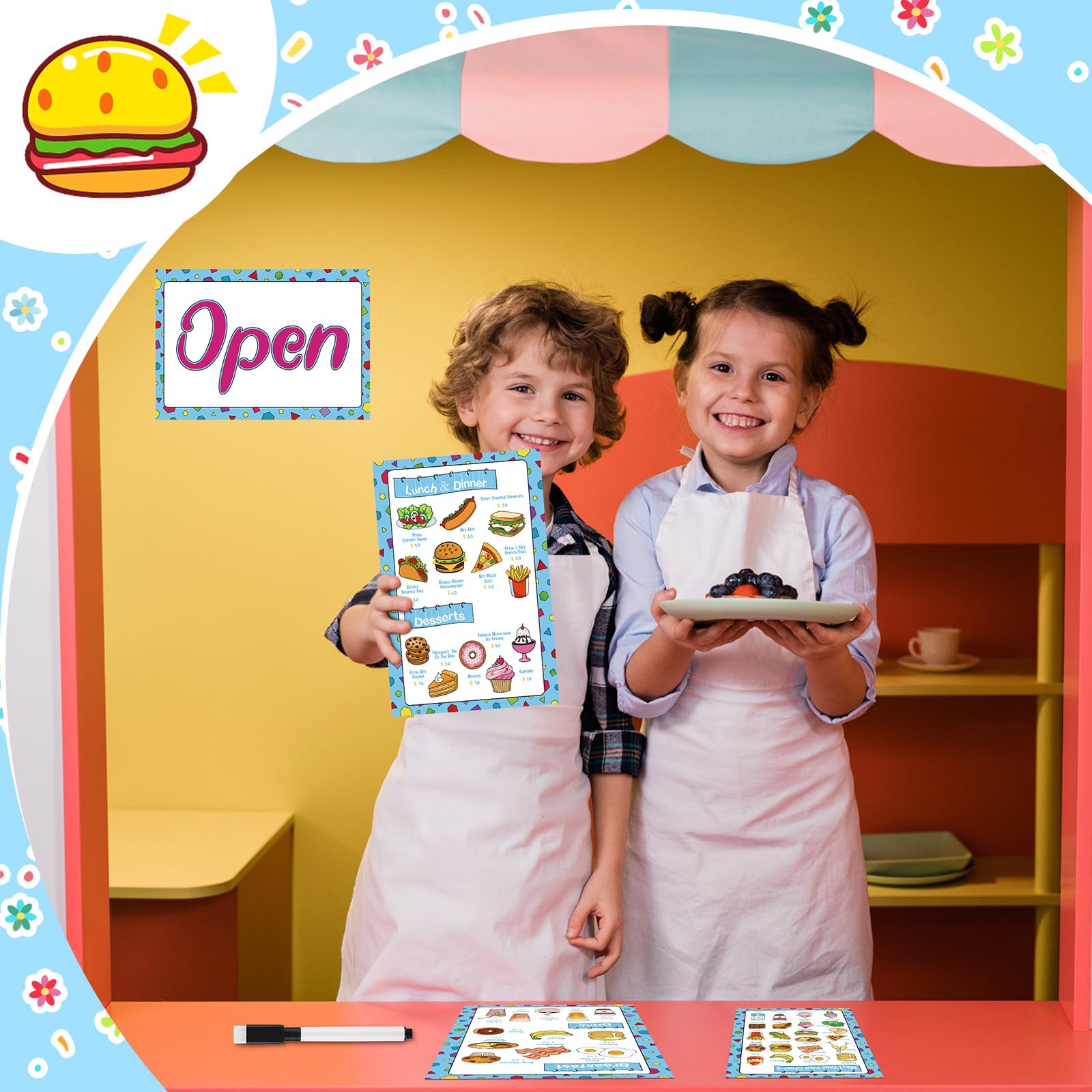 Juego de 6 piezas de juguetes de menús de restaurante para niños, almohadillas de pedidos de comida de cocina, 4 menús de simulación, 1 bloc de notas de servidor de verificación de invitados, 1 5