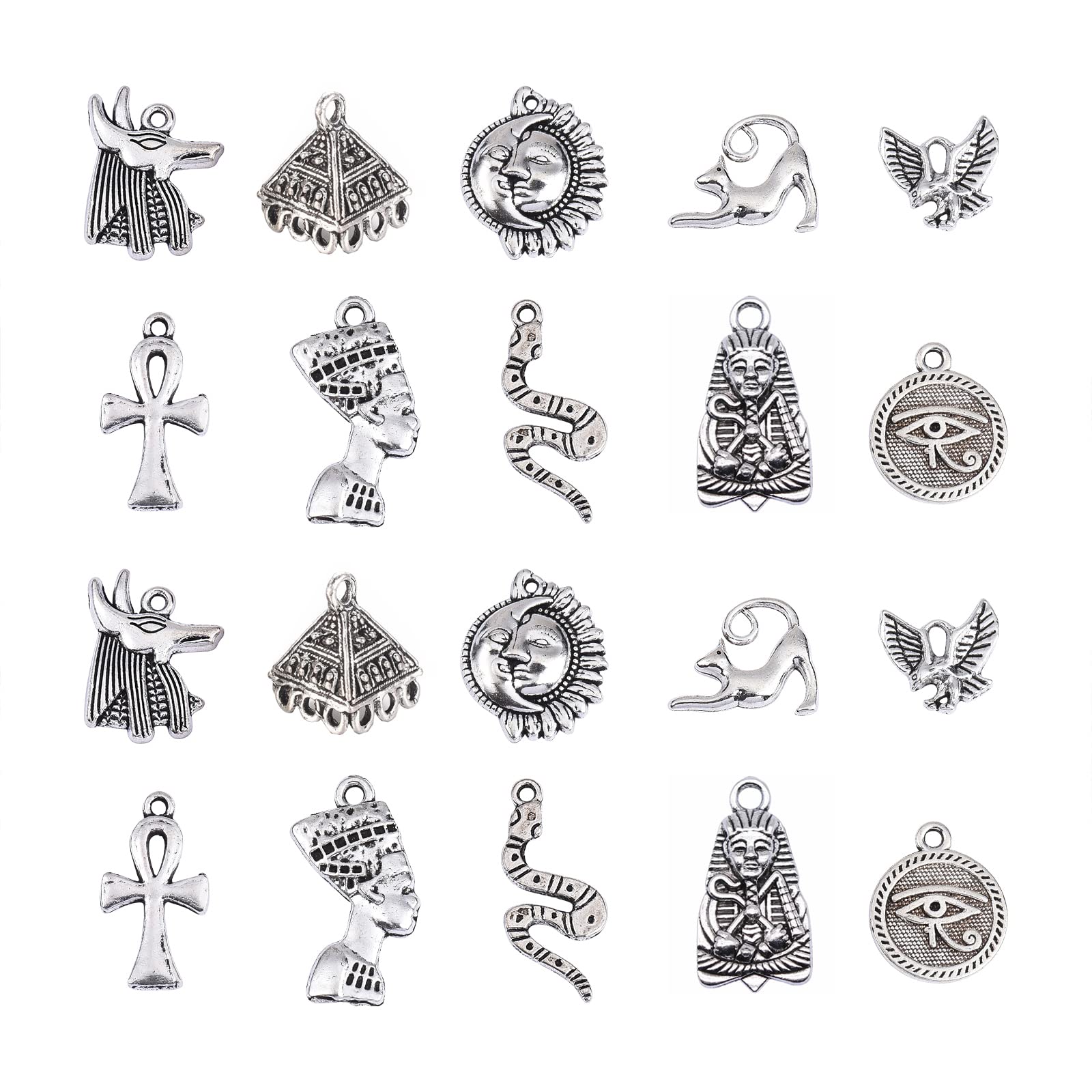 DanLingJewelry 100Pcs 10 Styles Egyptian Theme Antique Sliver Charms Pharaoh Pyramid Cross Evil Eye Snake Charms for Jewelry Making DIY