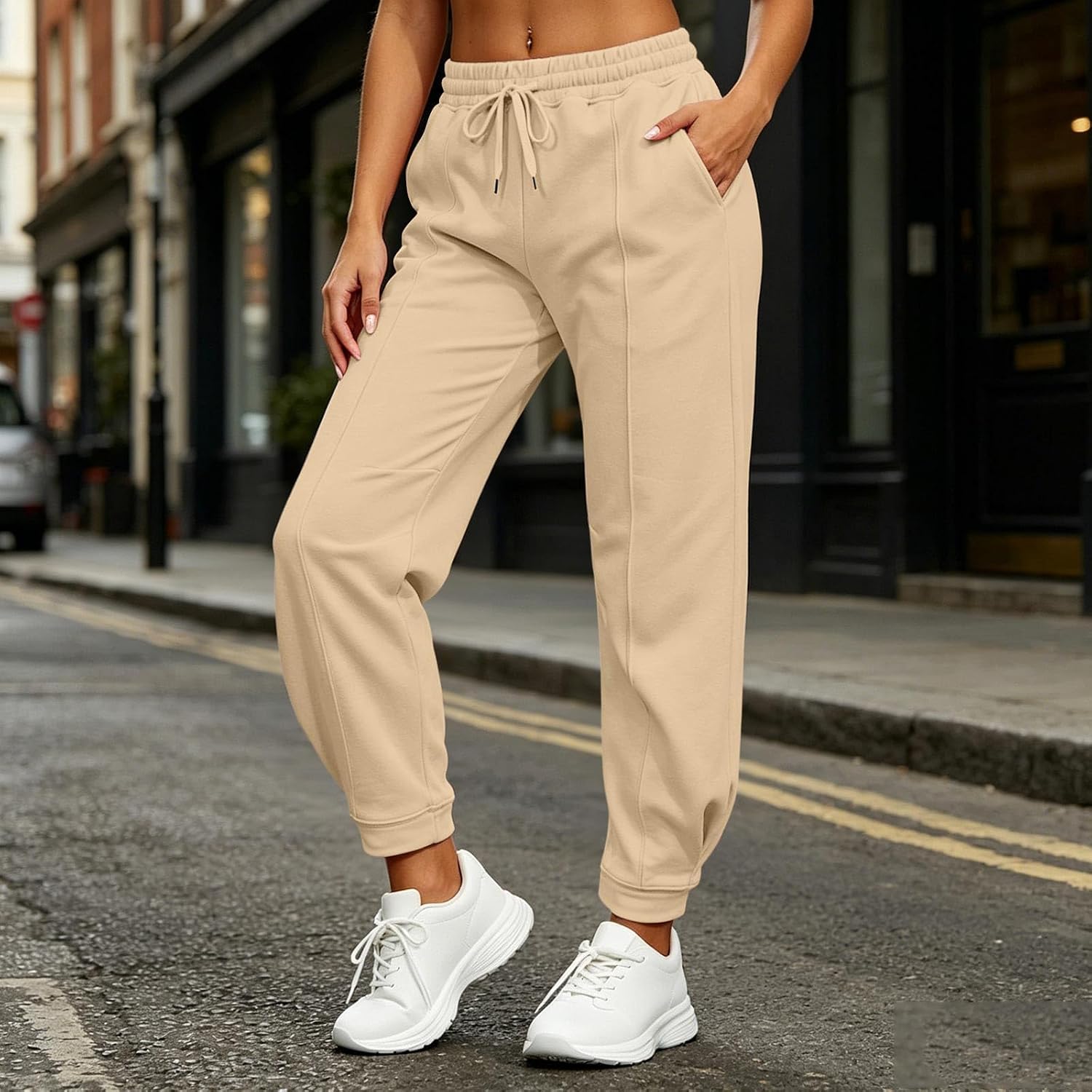 Women's Jogger Sweatpants Drawstring Elastic Waist Side Pockets | Tapered Athletic Lounge Pants With Front Seams For Walking Workout Travel Running Errands And Daily Wear