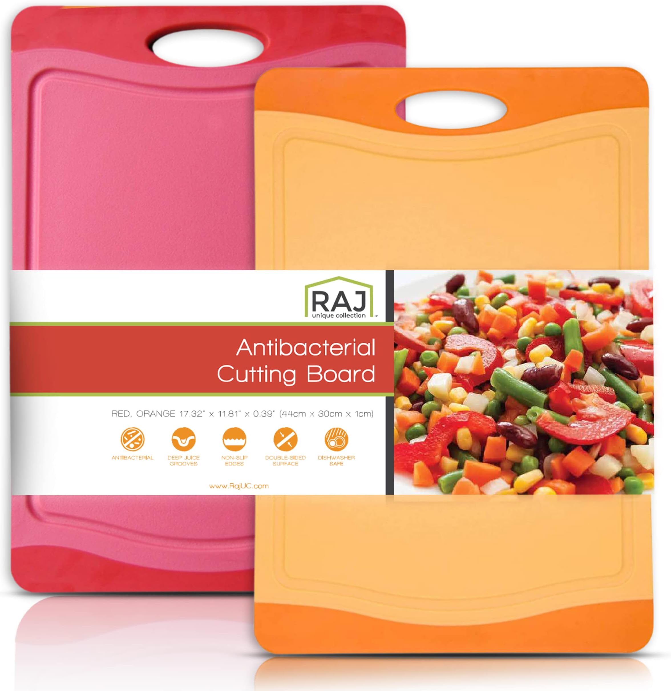 Raj Plastic Cutting Board Reversible Cutting board, Dishwasher Safe, Chopping Boards, Juice Groove, Large Handle, Non-Slip, BPA Free (X-Large, Crimson Red & Orange)