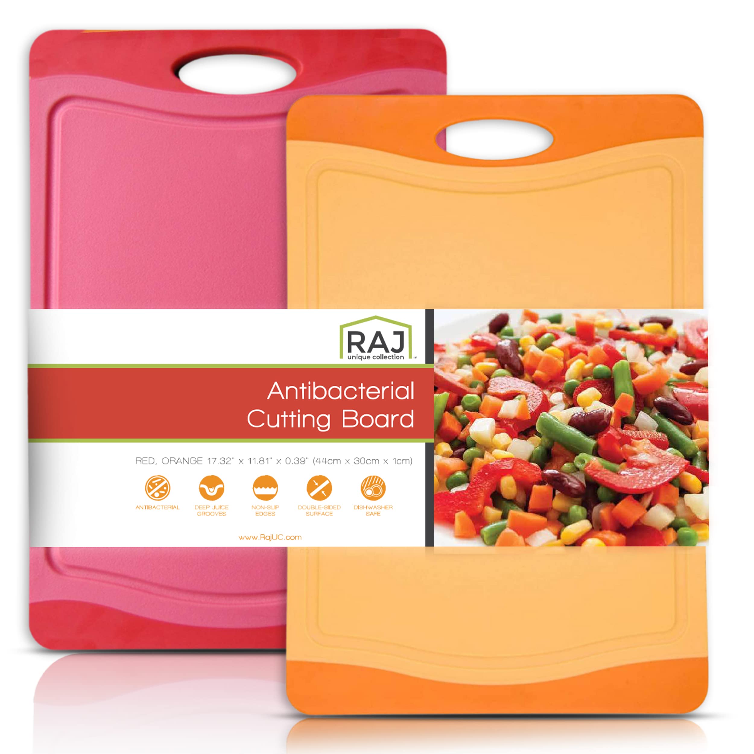 Raj Plastic Cutting Board Reversible Cutting board, Dishwasher Safe, Chopping Boards, Juice Groove, Large Handle, Non-Slip, BPA Free (X-Large, Crimson Red & Orange)