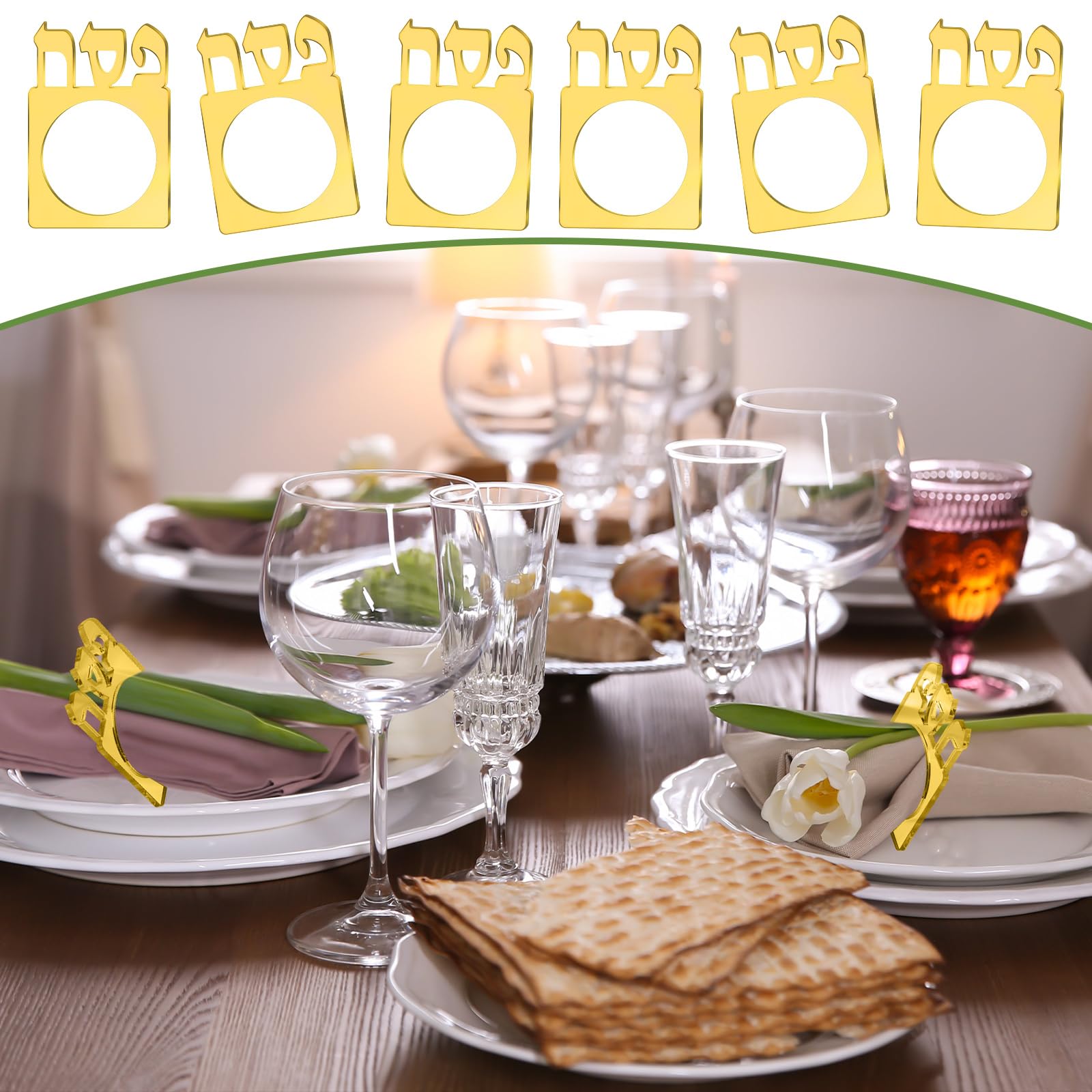 24 servilleteros acrílicos para el Pesaj Seder, servilleteros acrílicos con espejo para decoración de mesa de Pascua judía (dorado)