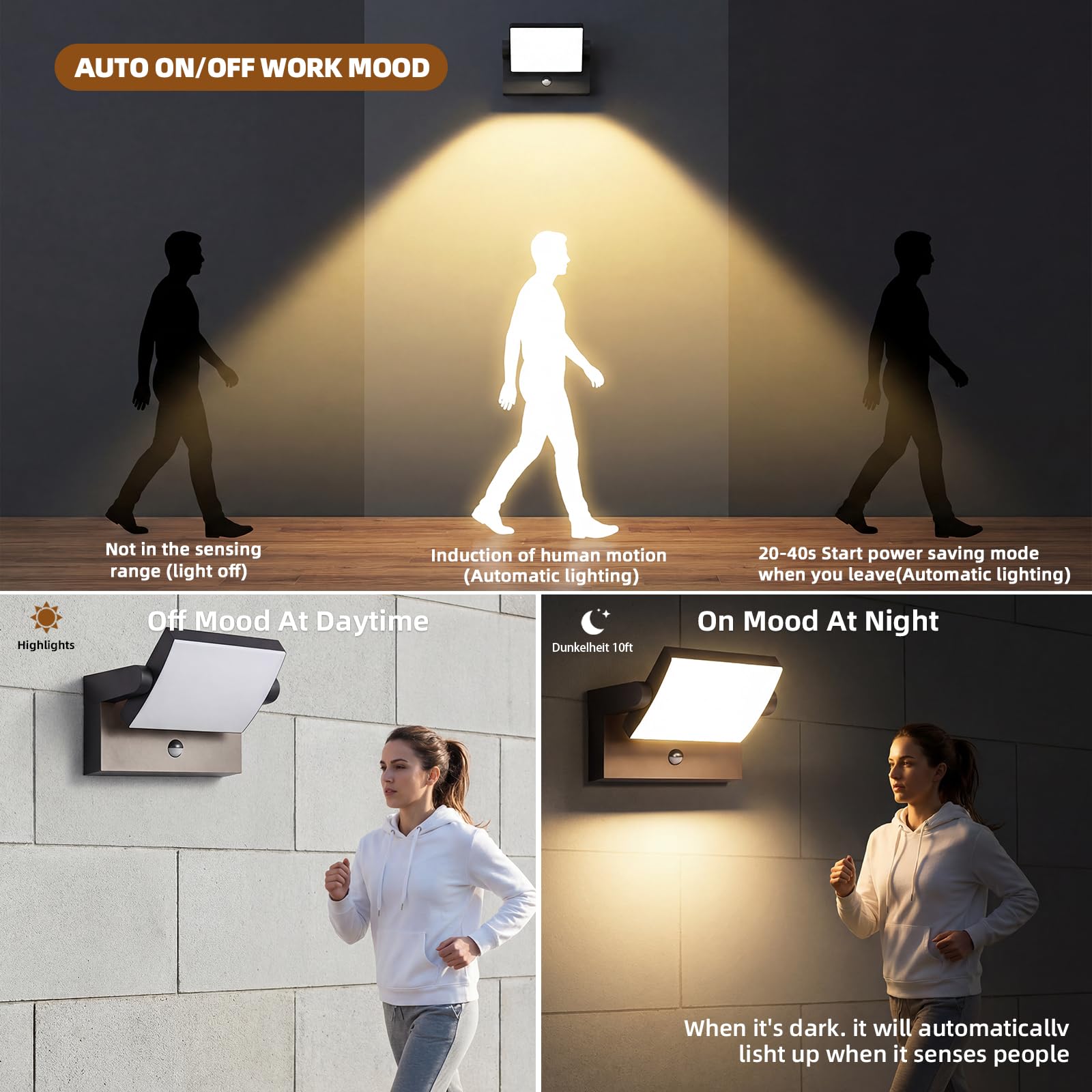 40W Aplique de Pared Exterior con Sensor de Movimiento,4000LM 3000K Blanco Cálido, Negra Aplique Pared Interior Rotación 350°,Impermeable IP65