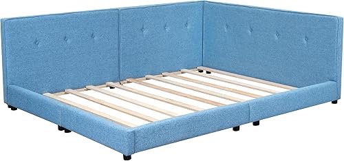Miniatura 12 de SOFTSEA Marco de sofá cama simple para sala de estar, sofá cama tapizado de tamaño matrimonial con colchón de funda de lino, respaldo y Beige,Beige