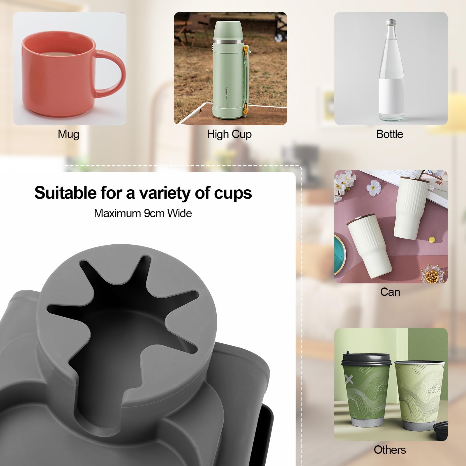 Armlehnen Tablett aus Silikon, Sofatablett mit 2 Seitentaschen, Anti-Spill & Anti-Rutsch, Große Speicherkapazität für Tasse, Telefon, Tablet, Snacks, Grau