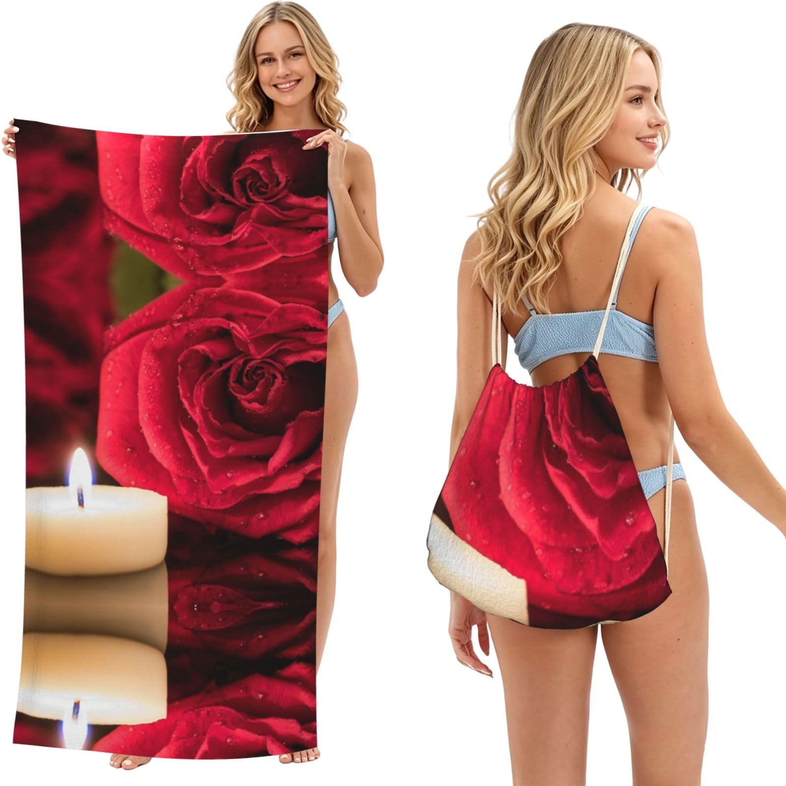 Ezdlowvba Black Red Rose With Candle Print Beach Towel Backpack 2 In 1 Summer Large Lightweight Beach Towel - Multifunctional Ship Pattern Towel Bag For Storage,Sport