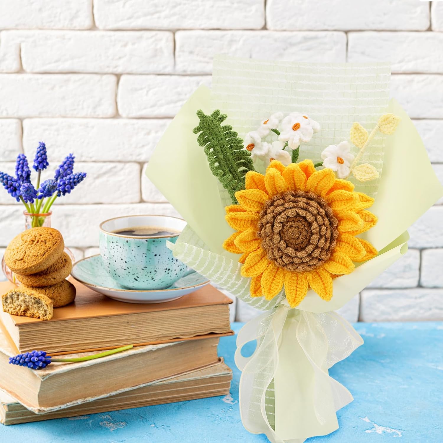 Crochet Flowers Finished Bouquet Crocheted Cotton Thread Flowers, Handmade Crochet Rose Tulip Fern Leaf as a Gift for Lover, Friends. Artificial Flower (Yellow) - Image 6