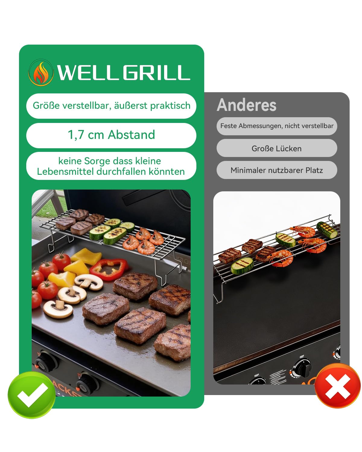 WELL GRILL Universal Edelstahl Warmhalterost für Weber Spirit & Genesis, Landmann, Burnhard, Taino, Charbroil, Rösle und die meisten Gasgrill, Einstellbar von 30cm bis 56,5cm Grill Warmhalter Zubehör
