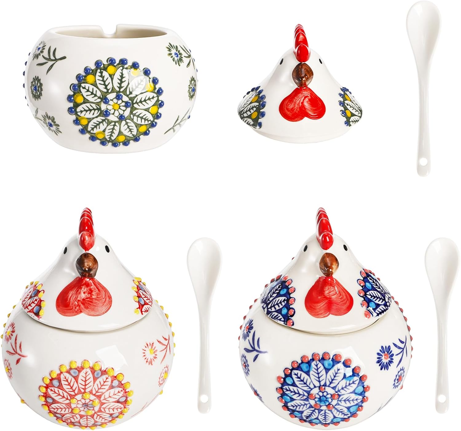 Dicunoy 3 Pack Ceramic Salt Sugar Containers, Large 13 OZ Chicken Salt Cellars with Lids and Spoons, Farmhouse Style Sturdy Condiment Jars for Serving, Home, Kitchen Countertop