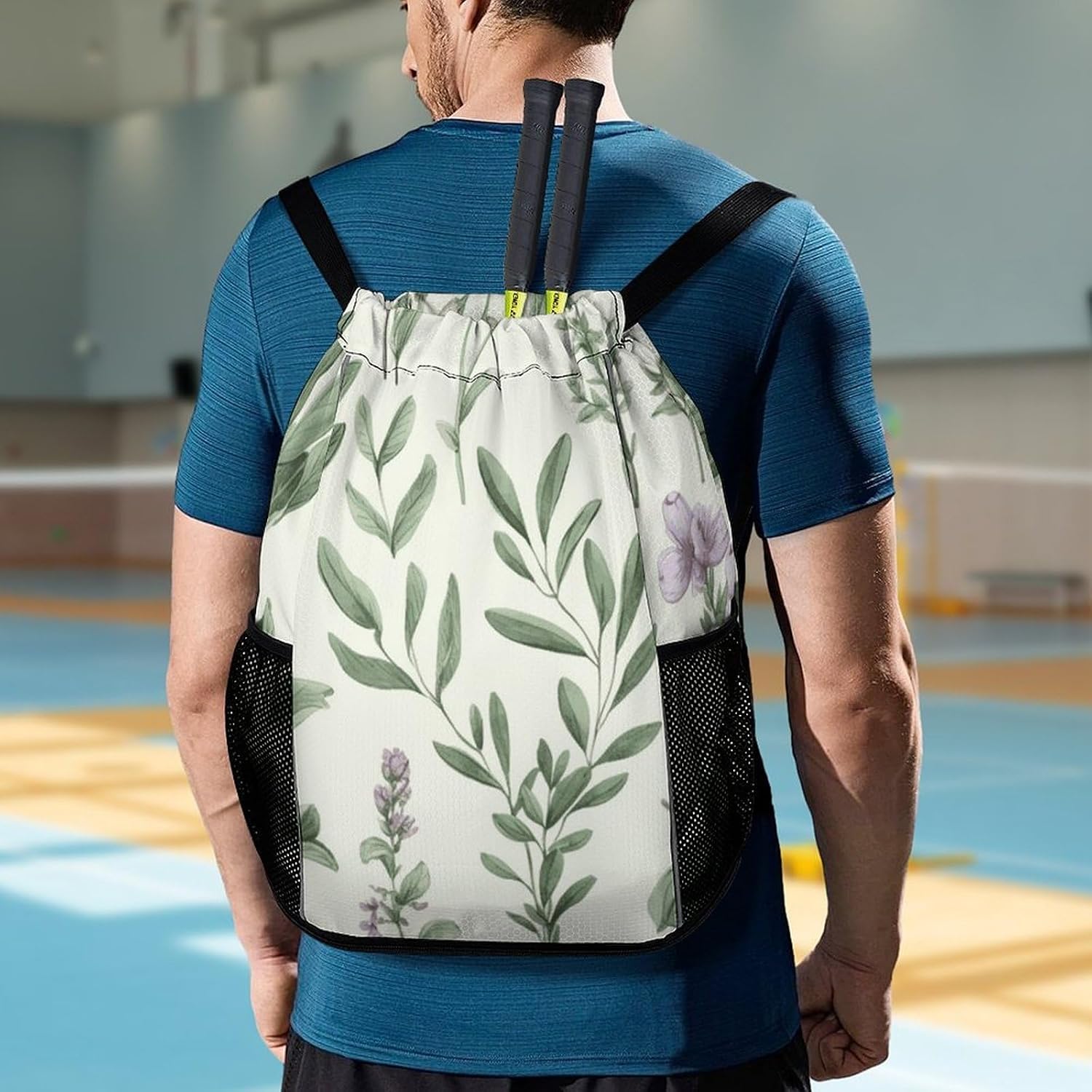 Green Flower Herb Sage Leaves And Branches Drawstring Backpack with Wet Pocket - Large Capacity Gym Bag with Shoe Compartment & Mesh Pockets, Adjustable Lightweight Gym Backpack for Swimming, Travel,