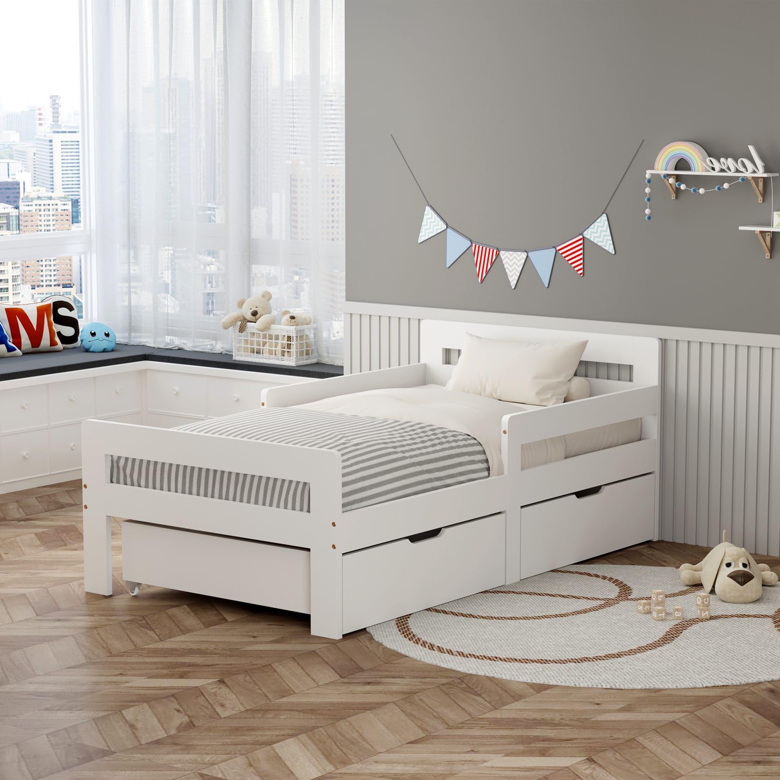 WestWood Wooden Toddler Bed Frame Only with Storage Drawer, Montessori Floor Bed for Kids, Single Bed with Safety Bed Rail Guard, Junior Boys Girls Children Bed, White