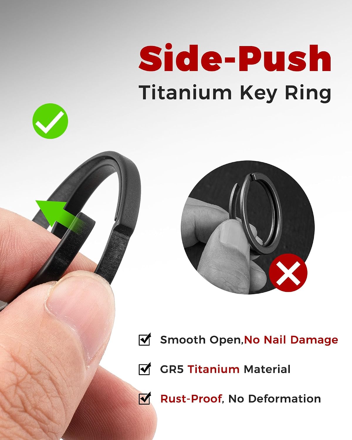 FEGVE Titanium Key Chain Clip with Side-Pushing Key Ring & 2/3inch D Ring for Car Fob Keys