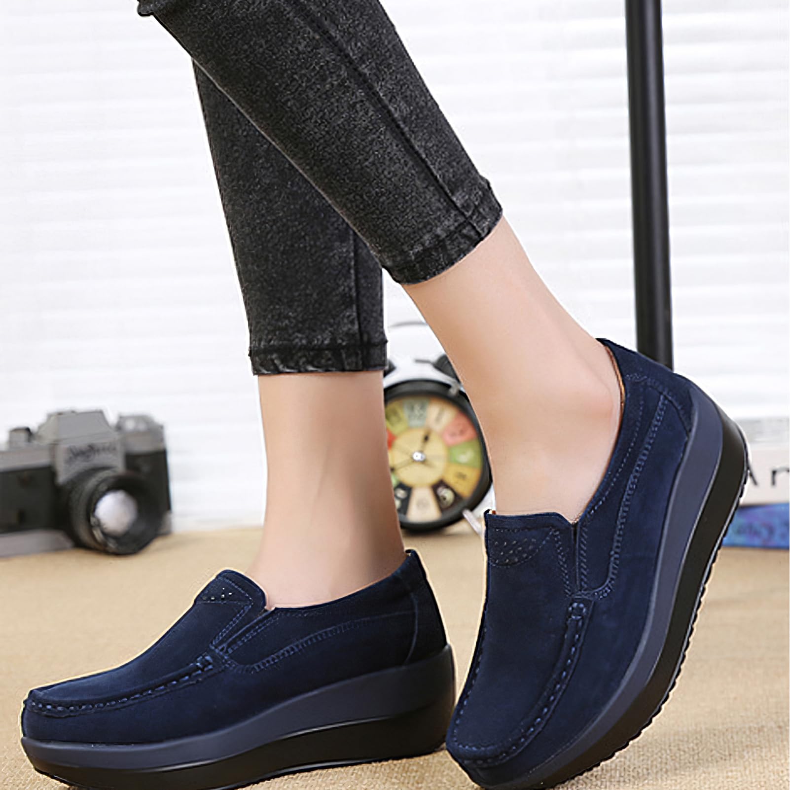 rismart Mujeres Piel de Ante Zapatillas de Cuña Zapatos de Plataforma Slip on Mocasines