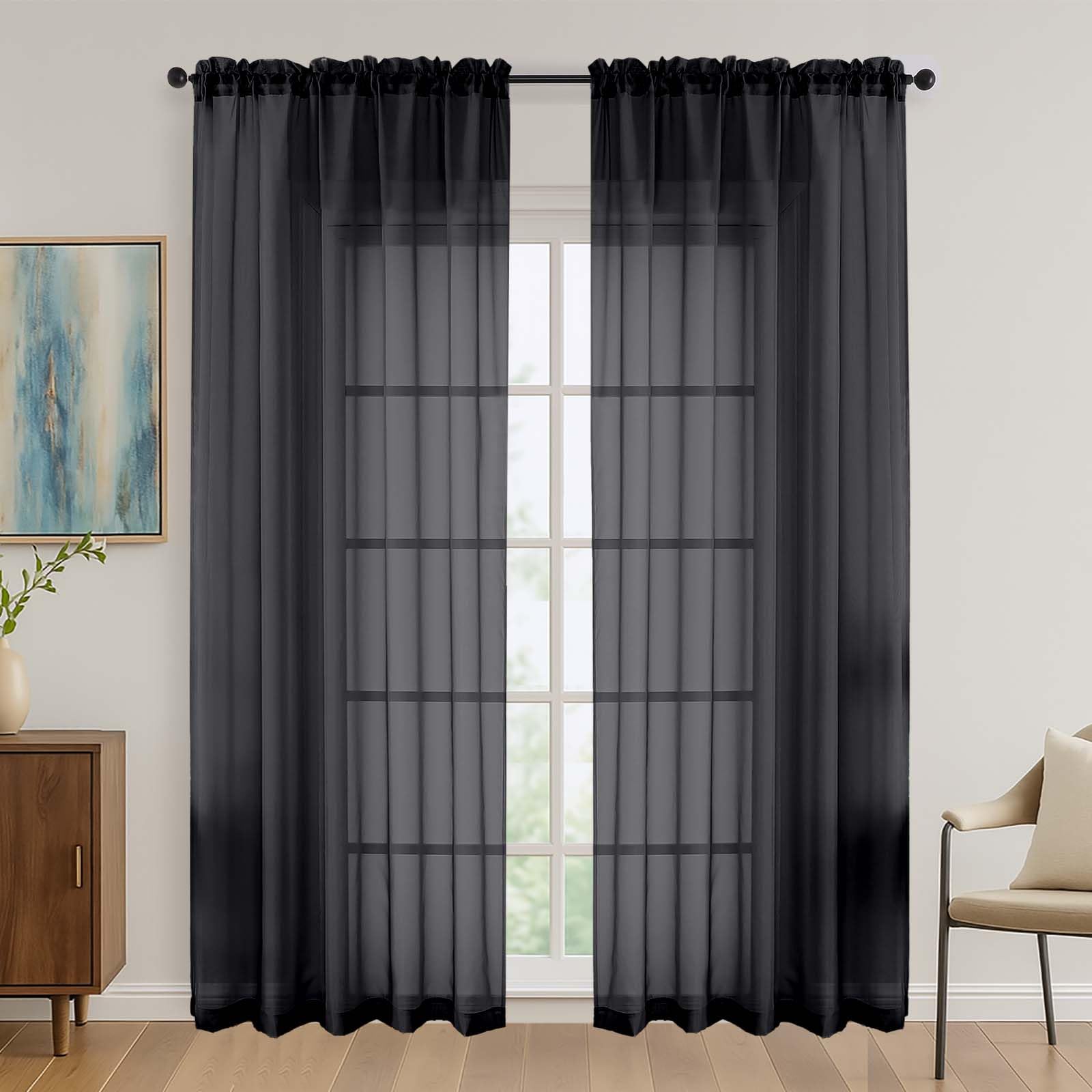 OVZME Black Sheer Curtains 84 Inches Long 2 Panel Sets, Solid Color Lightweight Voile with Light Filter for Sliding Door, Living Room&Bedroom (W42 x