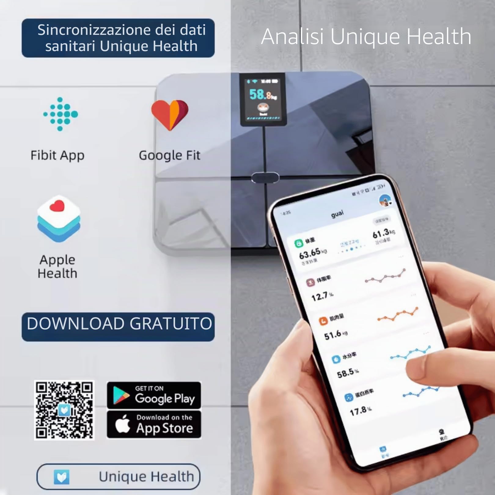 Bilancia Pesapersone Digitale Smart Professionale 180kg - Impedenziometrica con WiFi & Bluetooth, 16 Parametri BIA, Alta Precisione 0,1kg, 4 Elettrodi e Display a Colori TFT