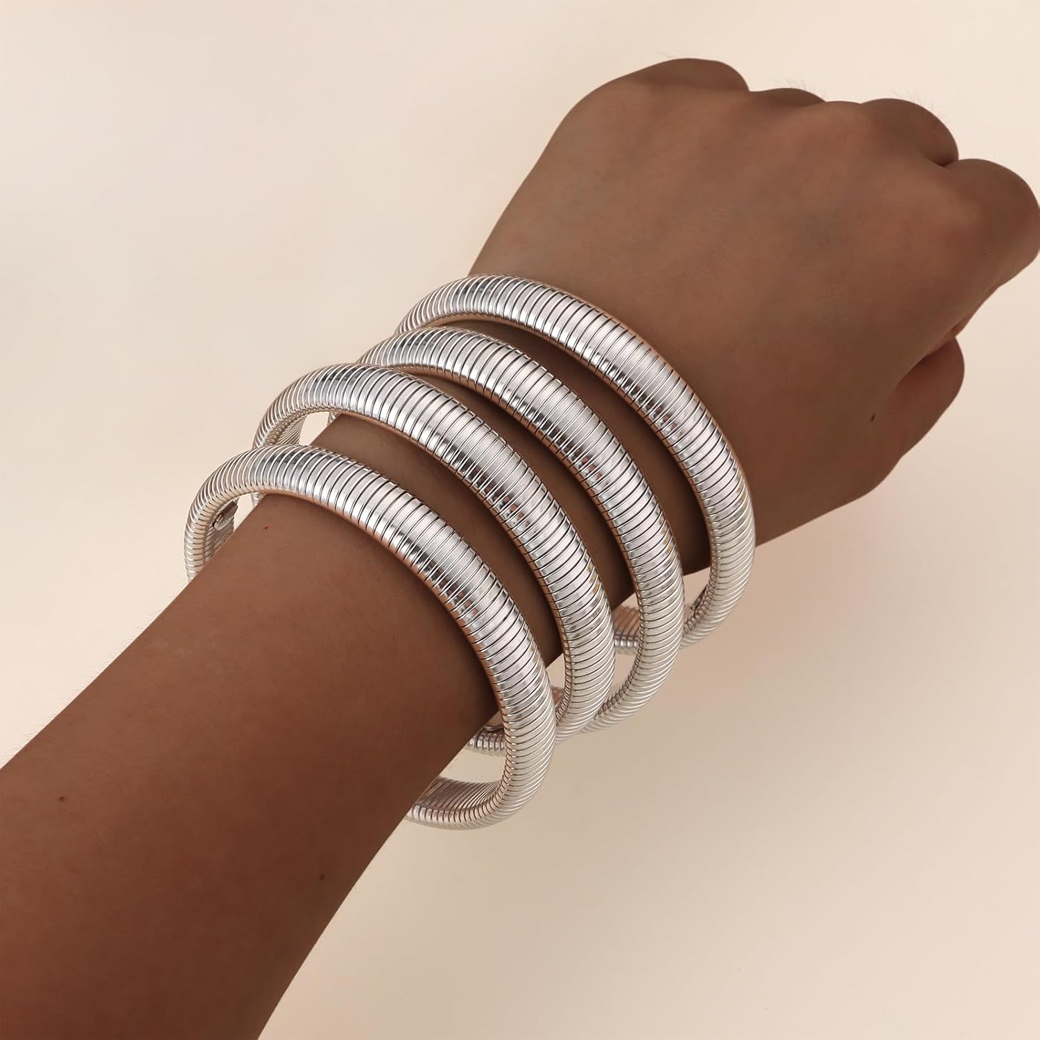 Giovanchi 18K Gold Plated Bangles for Women Set of 4 Chunky Stretch Bangles Bracelets Stainless Steel Bracelets Flexible Wide Stack Bracelets for Women - Image 8