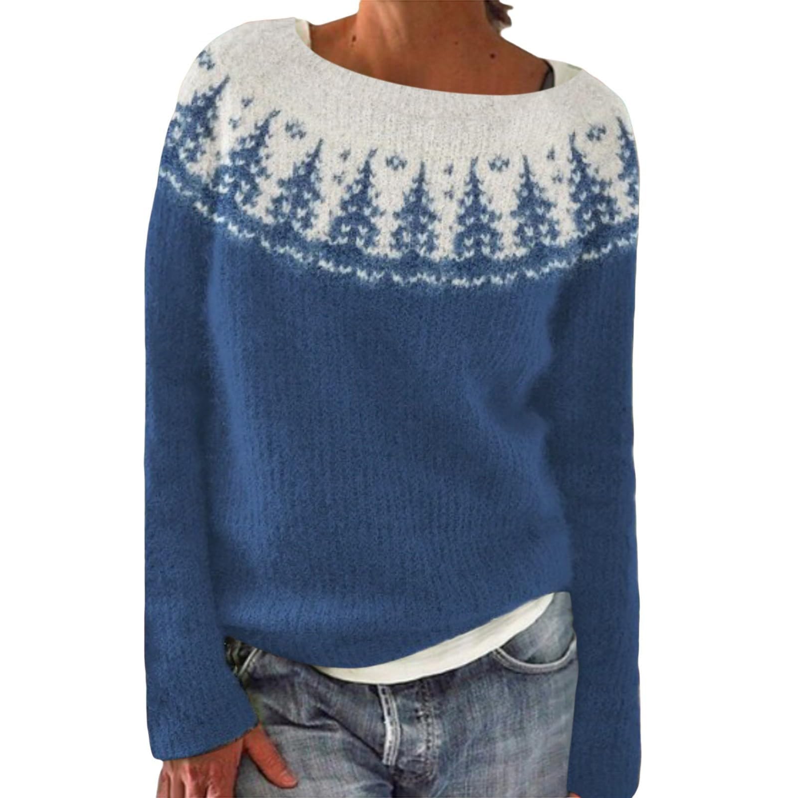 Fair Isle Sweater Women Vintage Long Sleeve Crewneck Pullover Plus Size Ethnic Knit Sweaters Casual Winter Jumper Top